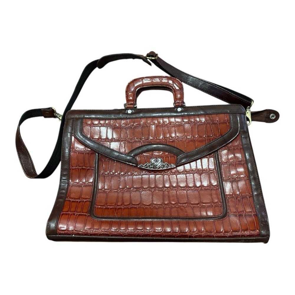 90s MARC CHANTEL BROWN CROCODILE-EMBOSSED & LEATHER TRIM CASE EMBOSSED HARDWARE - Picture 3 of 15